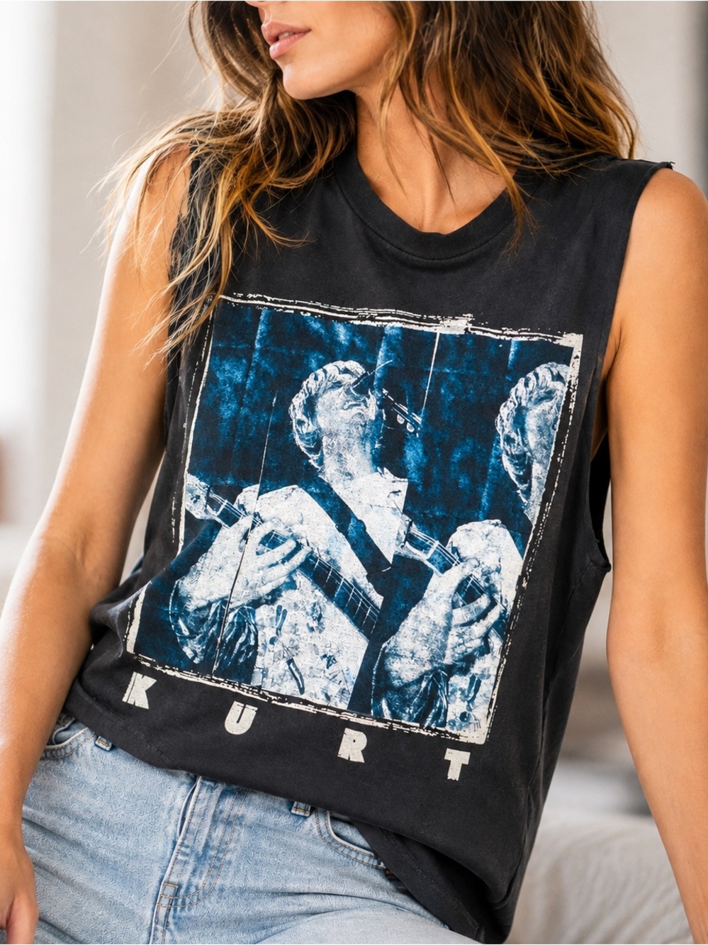 Nirvana Graphic Band Tee Kurt Cobain Cutoff Sleeveless Tank Size Small